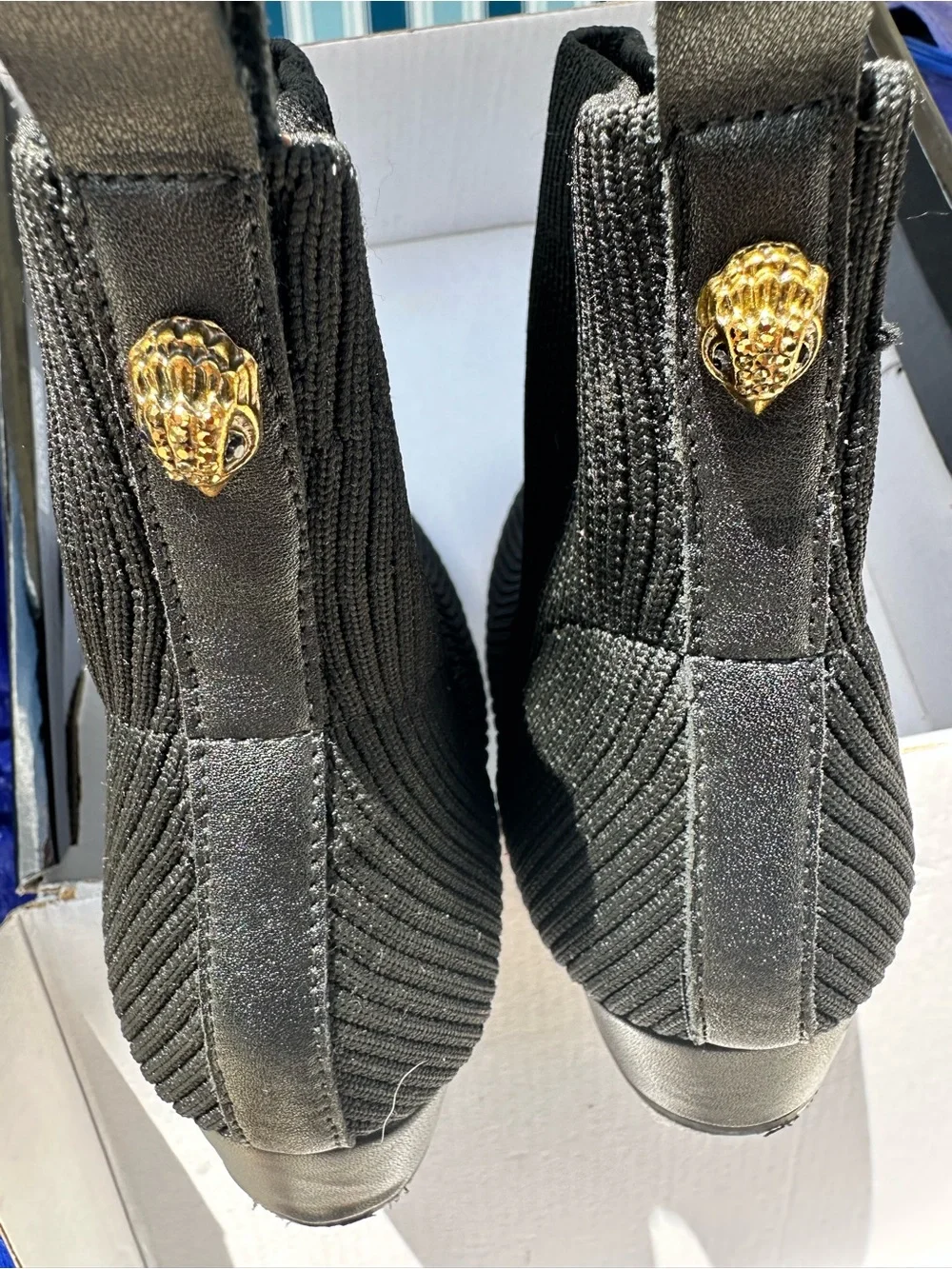 Kurt Geiger Black Ribbed Knit Ankle Booties with Logo Heel